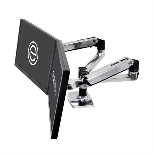 A dual side-by-side monitor arm made of polished aluminium, with adjustable parts and a route for cables management.