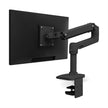 A single monitor arm made by Ergotron, in black color, with a mounting plate and adjustable arm, against a white background.