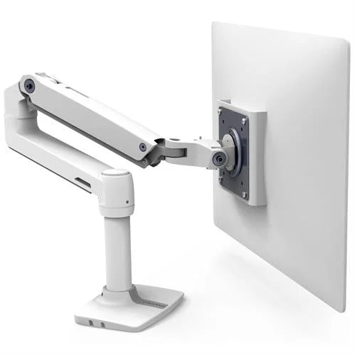A single monitor arm made by Ergotron, in black color, with a mounting plate and adjustable arm, against a white background.