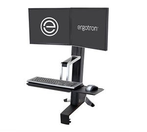 Ergotron Workfit-S Dual Sit-Stand Workstation with two monitors, keyboard and mouse shown