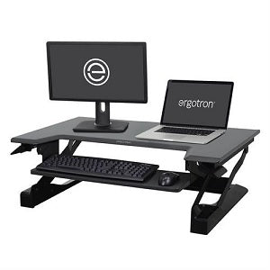 Ergotron Workfit-T Sit-Stand Desktop Workstation with laptop and flatscreen monitor shown