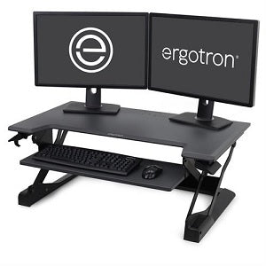 Ergotron Workfit- TL Sit-Stand Desktop Workstation with two flatscreen monitors, keyboard and mouse shown