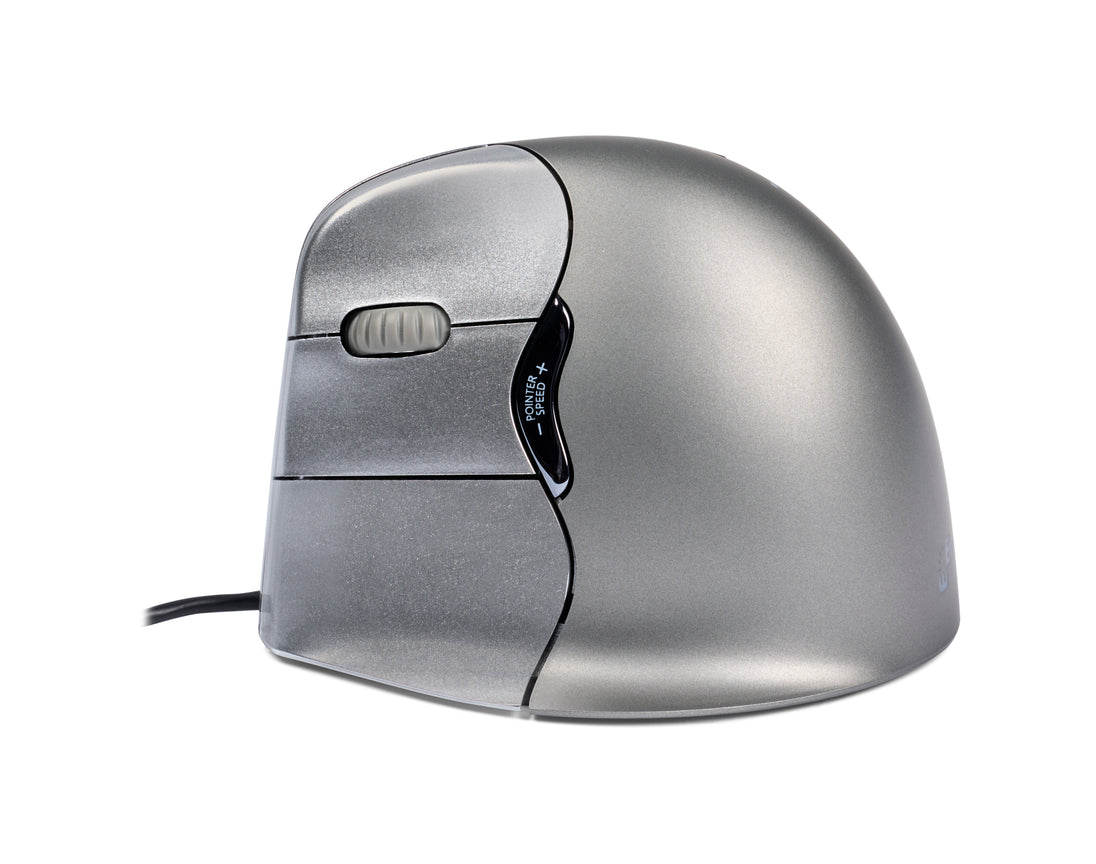 silver left handed mouse with 3 buttons and scroll wheel