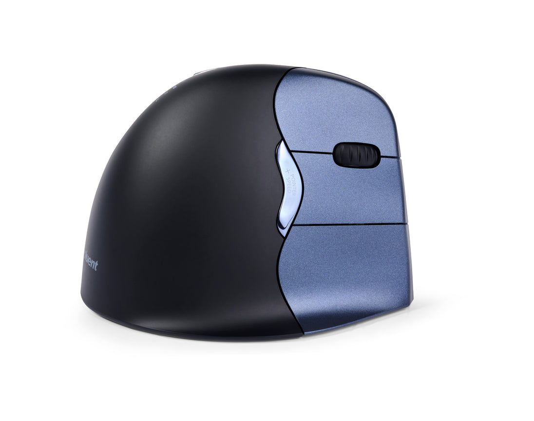 black mouse with 3 purple buttons and scroll wheel