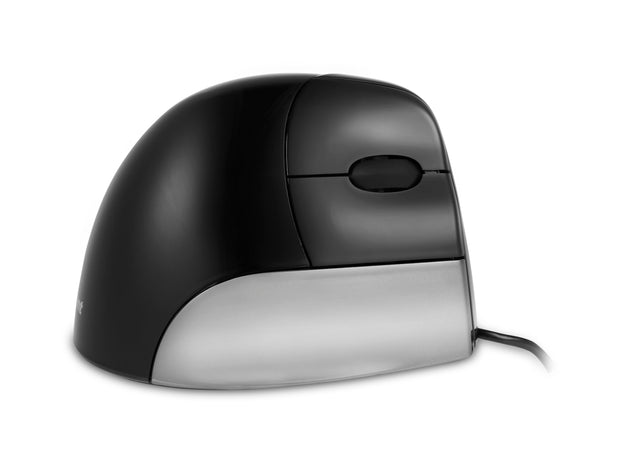 side view of black and silver vertical mouse