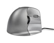 A silver Evoluent Vertical Mouse 4 with a wired connection and programmable buttons visible.