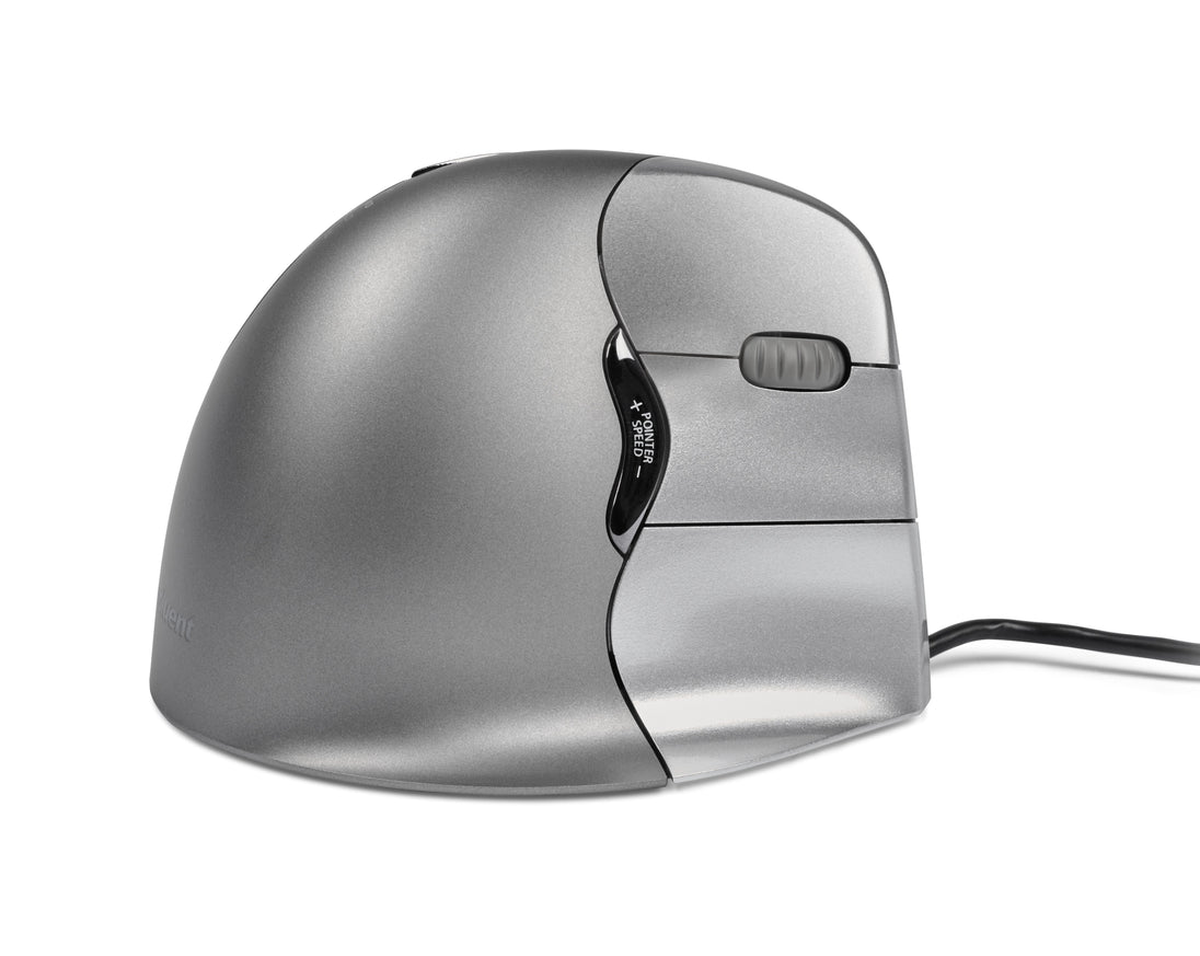 A silver Evoluent Vertical Mouse 4 with a wired connection and programmable buttons visible.