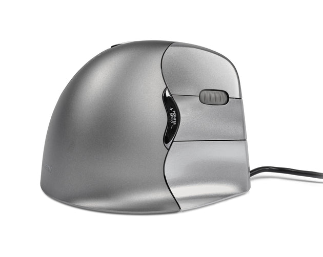 A silver Evoluent Vertical Mouse 4 with a wired connection and programmable buttons visible.