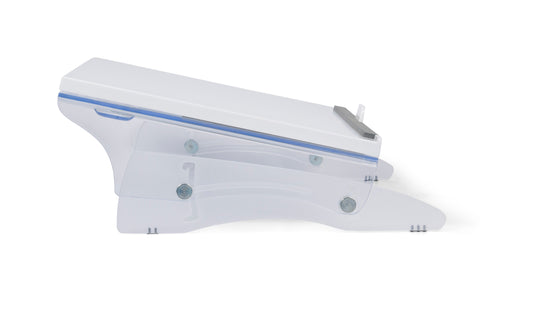 A white FlexDesk 630 document holder and writing slope with blue accents. It appears to be made of plastic with a foam edge and adjustable angles.