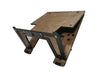 A laptop stand made of sustainable timber with a black metal frame, designed to hold a laptop at an elevated position.