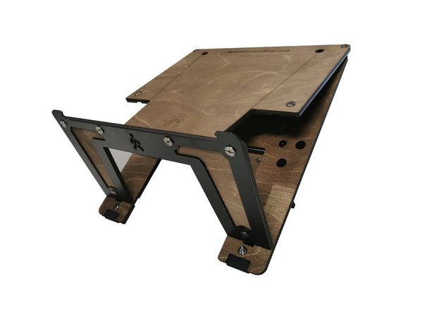 A laptop stand made of sustainable timber with a black metal frame, designed to hold a laptop at an elevated position.