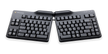 A split ergonomic keyboard with two sections that can be adjusted in inclination. The keyboard is black with visible white lettering and branding.