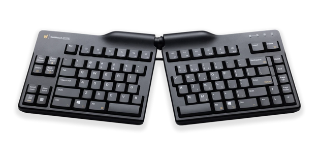 A split ergonomic keyboard with two sections that can be adjusted in inclination. The keyboard is black with visible white lettering and branding.
