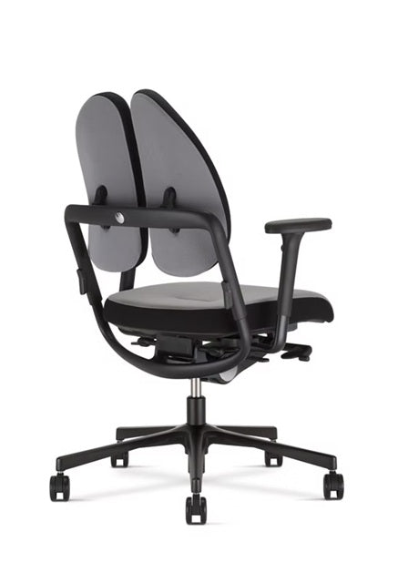 Black office chair for scoliosis with grey seat and backrest on a white background