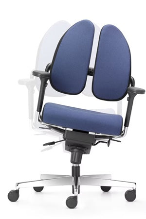 Blue split back office chair with adjustable headrest and lumbar support on a white background