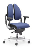 Blue office chair with adjustable arms on a white background