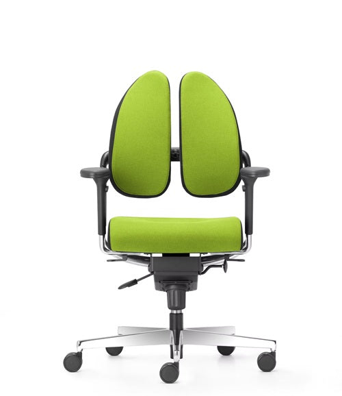 Green office chair with adjustable headrest and lumbar support on a white background