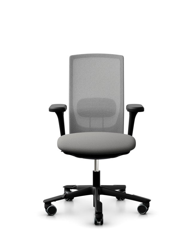 Grey office chair with mesh back and black base on a white background