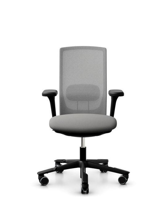 Grey office chair with mesh back and black base on a white background