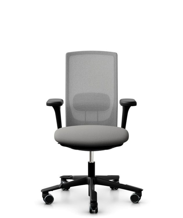 Grey office chair with mesh back and black base on a white background