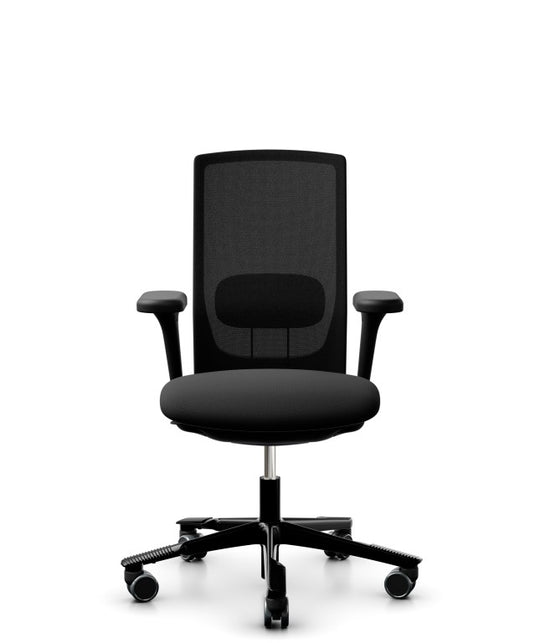 Black office chair with mesh back on a white background
