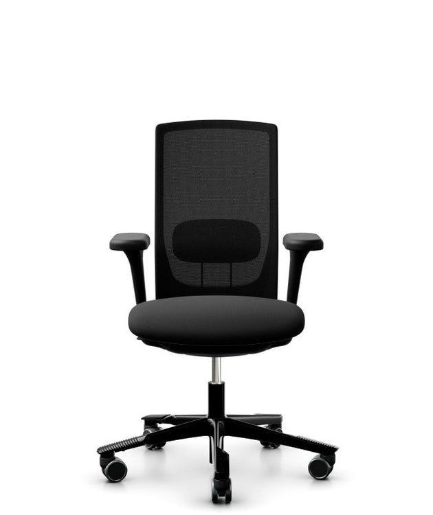 Black office chair with mesh back on a white background