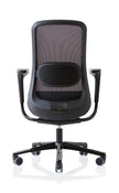 black mesh chair with lumbar pad and armrests