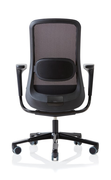 black mesh chair with lumbar pad and armrests