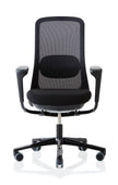 black mesh backed chair with black seat, armrests and 5 point black base