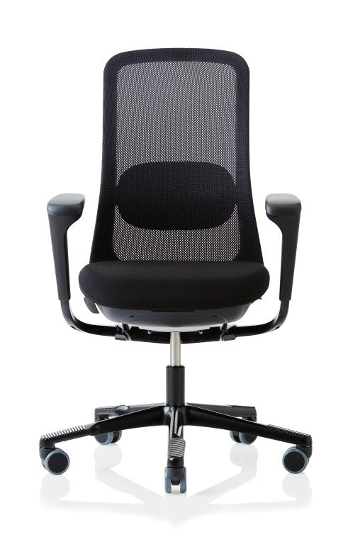 black mesh backed chair with black seat, armrests and 5 point black base