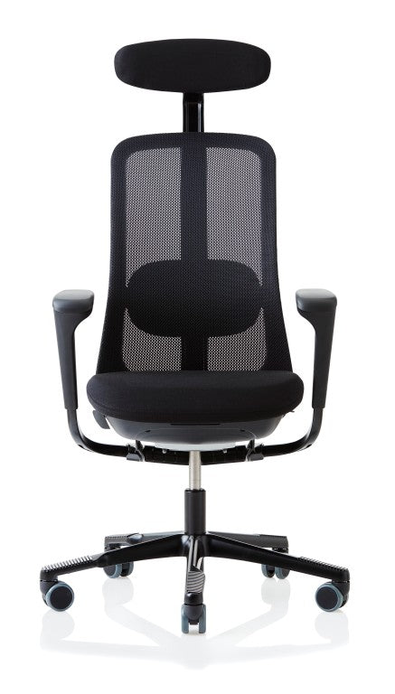 black mesh chair with headrest and armrests