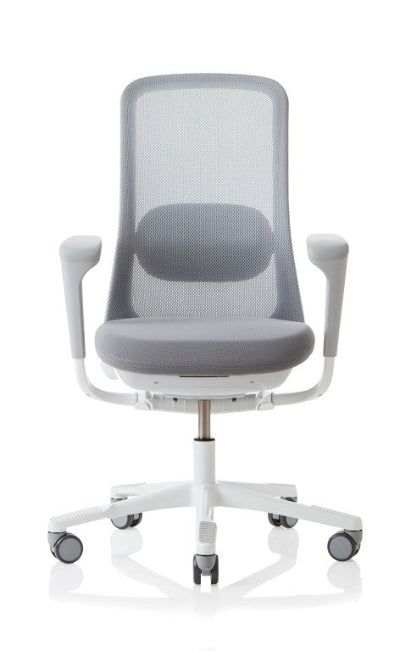 Gray office chair with mesh backrest on a white background