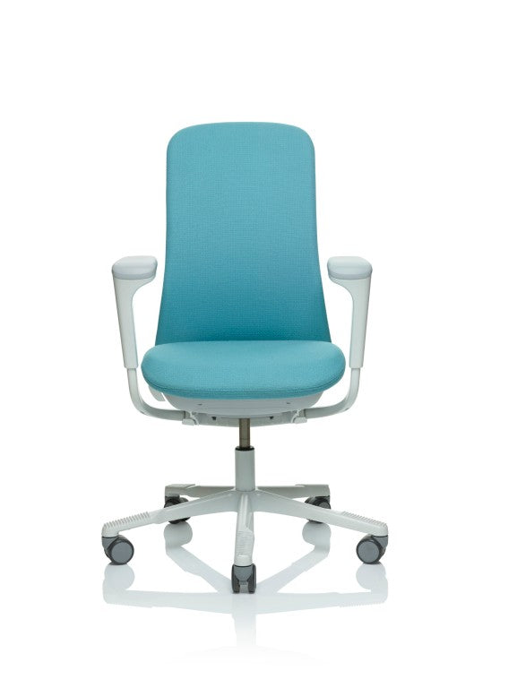 Blue office chair with white frame on a white background