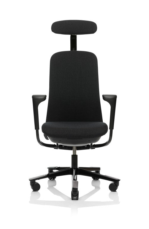 Black office chair with headrest on a white background