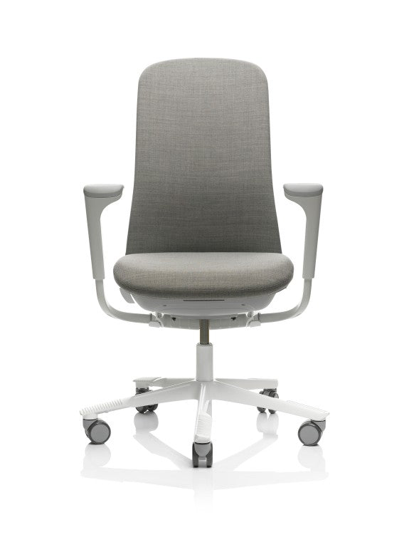 Grey office chair with white base on a white background