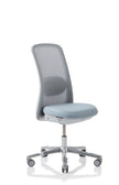 Grey office chair with mesh backrest on a white background