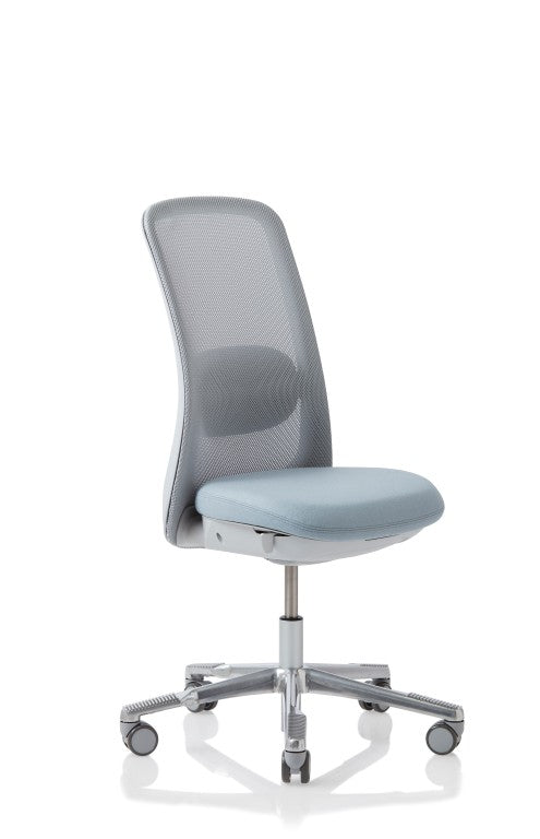 Grey office chair with mesh backrest on a white background