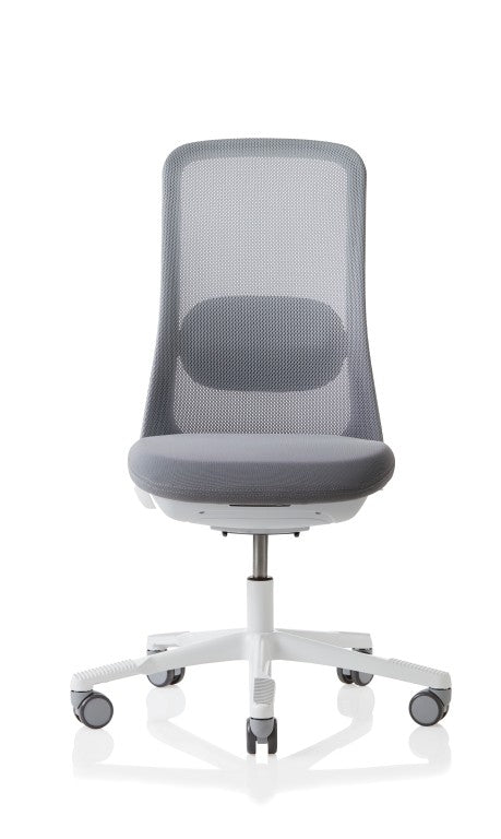 Grey office chair with mesh backrest on a white background