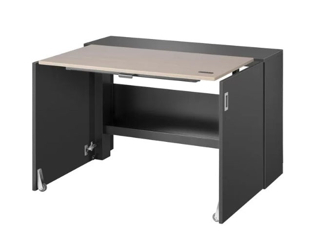 Black office desk with a oak top on a white background