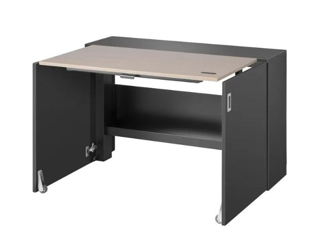 Black office desk with a oak top on a white background