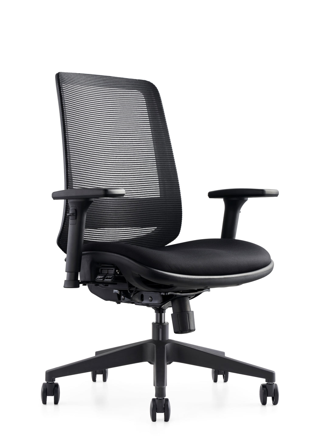 black mesh chair with armrests and 5 point base