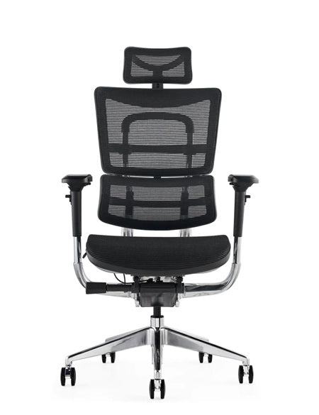 Black office chair with mesh backrest on a white background