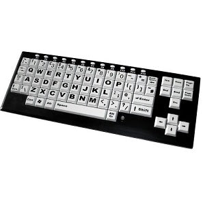 black keyboard with white large keys with black large lettering
