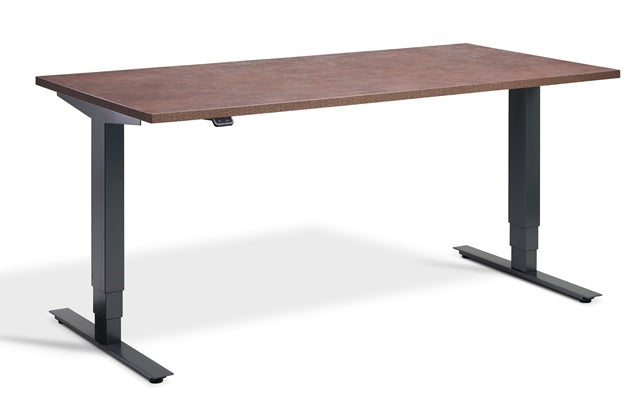 bronze effect desk with black metal legs on a white background