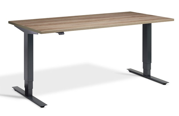 Wooden desk with black metal legs on a white background