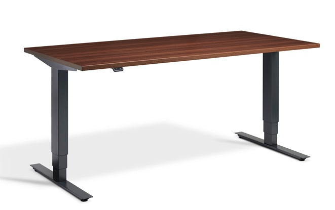 Wooden walnut desk with anthracite metal legs on a white background