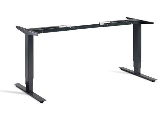 Black adjustable desk frame on a white background