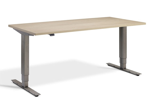 light oak desk with adjustable raw steel legs on a white background