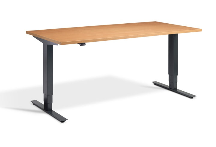 Wooden desk with black adjustable legs on a white background