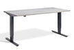 Rectangular desk with a light grey top and black metal legs on a white background